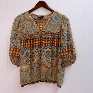 Unique Geometric Print Blouse Top 3/4 Sleeve Bohemian Style Womens M /#7271